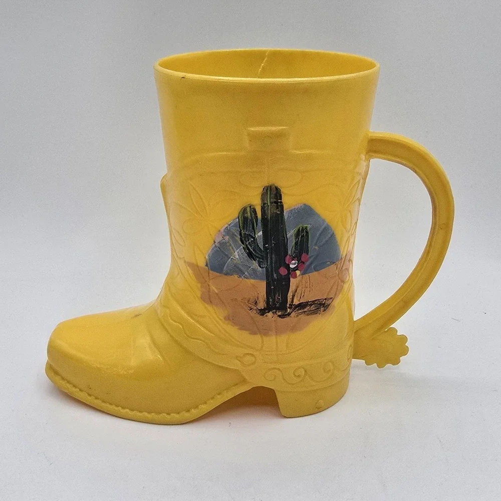 Vintage Plastic Kid Drinking Cup Yellow Boot Spur Cowboy Cowgirl Western Floral